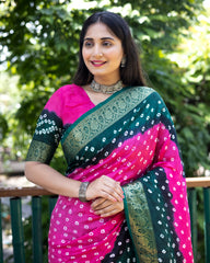 Authentic Pink Pure Bandhej Silk Saree with Zari Weaving, Broad Border, Rich Pallu & Unstitched Blouse Piece.