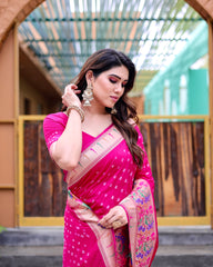 Premium Pink Bandhej Paithani Silk Saree – High Quality, Stylish Design with Zari Weaving, Paithani Border, Rich Pallu, and Matching Blouse.