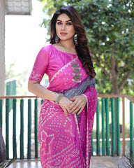 Premium Pink Pure Bandhej Silk Saree with Zari Weaving, Rich Tissue Pallu & Unstitched Blouse Piece.