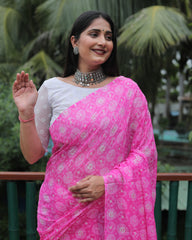 Elegant Pink Moss Chiffon Saree with Foil Print – Perfect for Festivals and Weddings | Imported Silk Blouse Included.