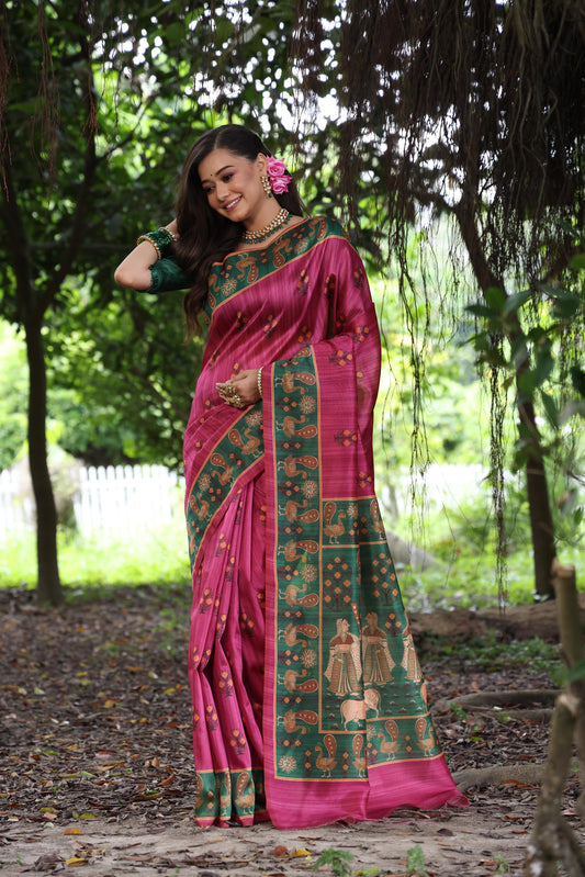 Pink Soft Tussar Silk Saree with Beautiful Peacock Prints