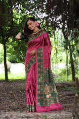 Pink Soft Tussar Silk Saree with Beautiful Peacock Prints, Traditional Printed Pallu & Contrast Border | Saree with Contrast Blouse Piece.