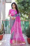 Premium Pink Pure Bandhej Silk Saree with Zari Weaving, Rich Tissue Pallu & Unstitched Blouse Piece.