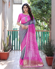 Premium Pink Pure Bandhej Silk Saree with Zari Weaving, Rich Tissue Pallu & Unstitched Blouse Piece.