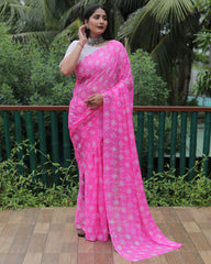 Elegant Pink Moss Chiffon Saree with Foil Print – Perfect for Festivals and Weddings | Imported Silk Blouse Included.