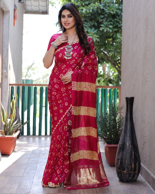 Pink Bandhej Silk Saree with Tissue Pallu and Sibory Design