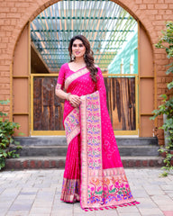 Premium Pink Bandhej Paithani Silk Saree – High Quality, Stylish Design with Zari Weaving, Paithani Border, Rich Pallu, and Matching Blouse.