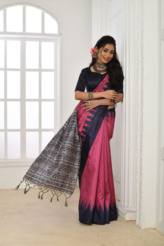 Pink Soft Tussar Silk Saree with Temple Border Print