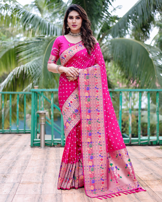 Premium Pink Bandhej Paithani Silk Saree with Zari Weaving, Rich Pallu & Matching Blouse – Elegant and Comfortable Designer Drapes.