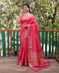 Luxury Handloom Pink Silk Bandhej Patola Sarees with Kanchi Borders and Unstitched Blouse Piece.