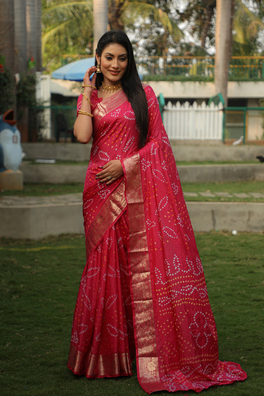 Pink Handmade Bandhej Silk Saree With Matching Blouse