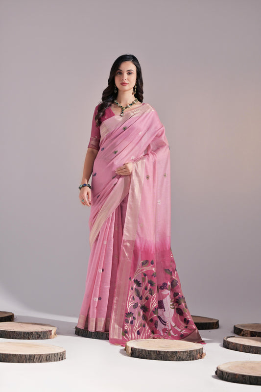 Pink Muga Cotton Saree with Contrast Blouse.