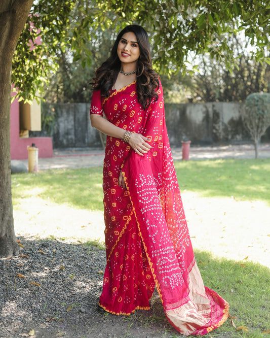 Pink Bandhej Silk Saree with Zari Weaving