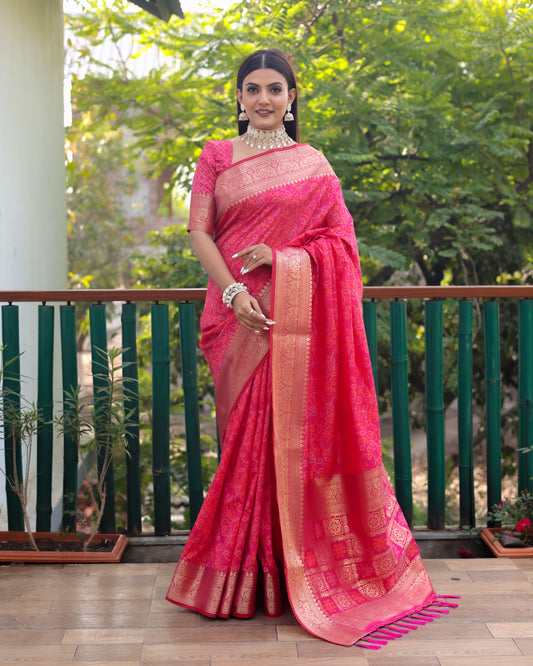 Elegant Pink Handloom Silk Bandhej Patola Sarees with Kanchi Borders & Unstitched Blouse