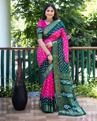 Authentic Pink Pure Bandhej Silk Saree with Zari Weaving, Broad Border, Rich Pallu & Unstitched Blouse Piece.