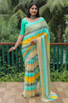 Pista Chiffon Silk With Gold Foil Print Light Weight Saree For Weddings