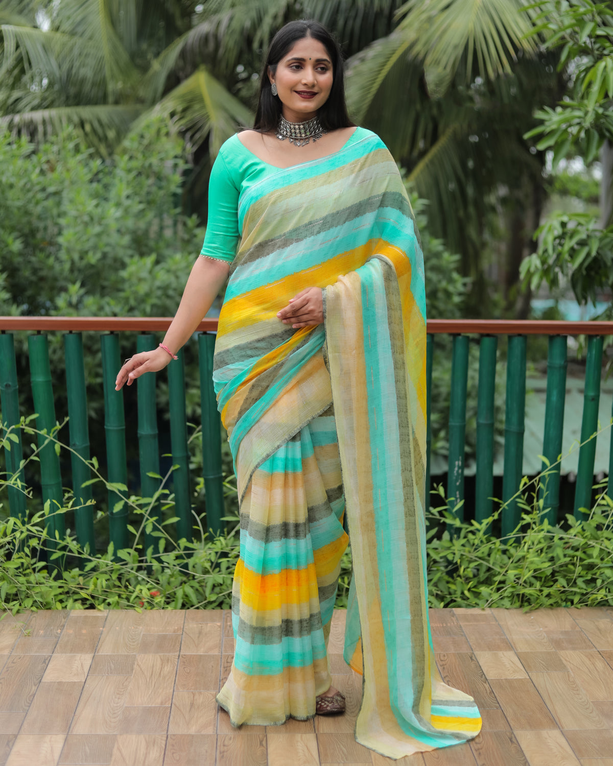 Pista Chiffon Silk With Gold Foil Print Light Weight Saree For Weddings