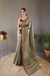 Pista Color Soft Silk Saree with All-Over Zari Checks Weaving Design and Border | Running Unstitched Blouse Included.