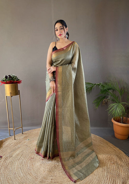 Pista Color Soft Silk Saree with All-Over Zari Checks Weaving Design and Border | Running Unstitched Blouse Included.