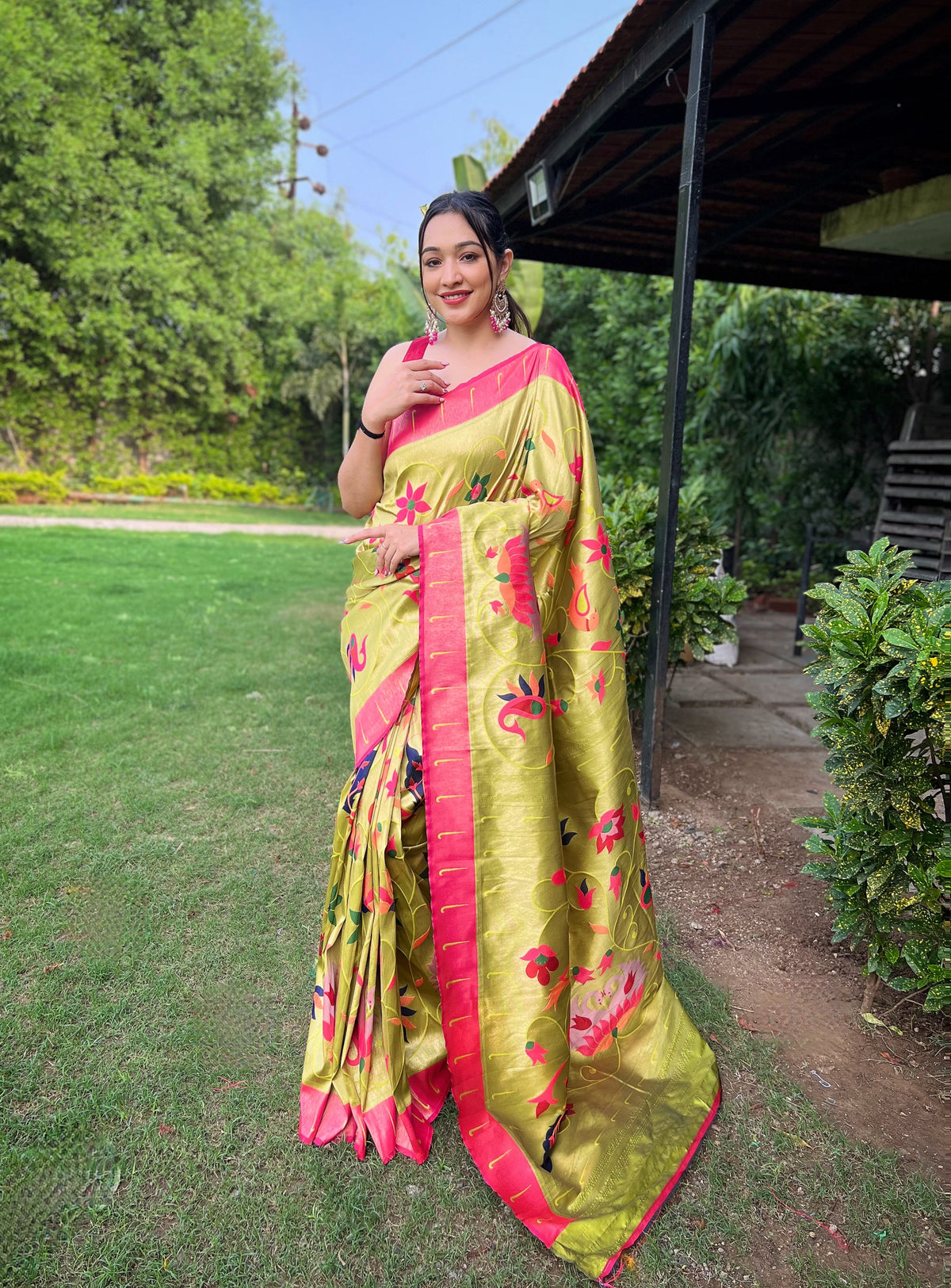 Pista Color Pure Paithani Saree with All-Over Zari and Meenakari Weaves | Richly Woven Pallu | Stunning Multi-Colored Border | Includes Unstitched Blouse Piece.