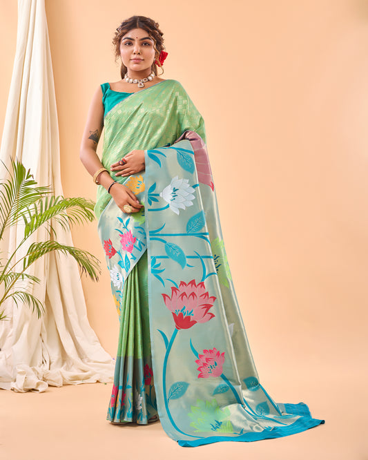 Authentic Pista Paithani Silk Sari with Grand Paithani Border, Contrast Richly Woven Pallu, and Meenakari Motifs