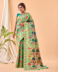 Pista Color Pure Paithani Silk Saree with Jaal Design and Meenakari Work, Paithani Border, and Rich Pallu – Includes Unstitched Blouse Piece