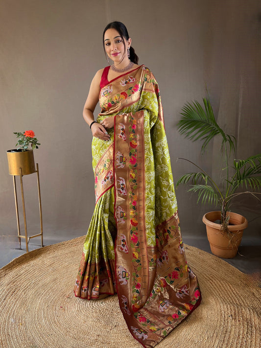 Pista Lucknowi Weaving Saree with Paithani and Patola Fusion