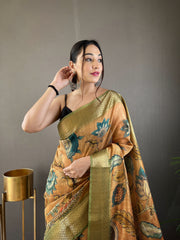 Pure Pista Color Tussar Silk Saree with Elegant Handpainted Kalamkari Print, Contrast Zari Weaving Border, and Zari Woven Pallu - Paired with Contrast Printed Blouse.