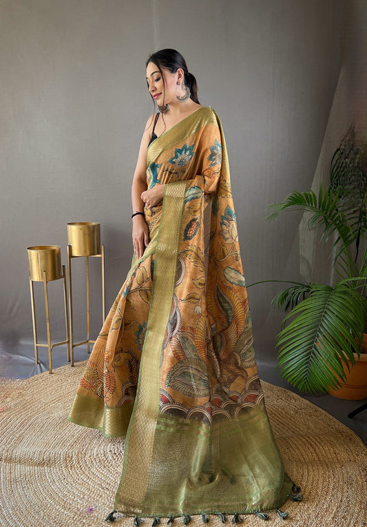 Pure Pista Color Tussar Silk Saree with Elegant Handpainted Kalamkari Print, Contrast Zari Weaving Border, and Zari Woven Pallu - Paired with Contrast Printed Blouse.