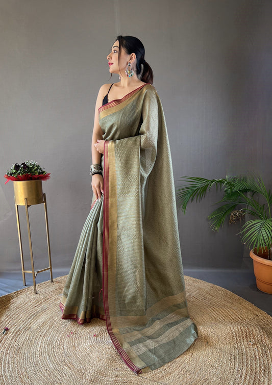 Pista Color Soft Silk Saree with All-Over Zari Checks Weaving Design and Border | Running Unstitched Blouse Included.