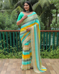 Pista Chiffon Silk With Gold Foil Print Light Weight Saree For Weddings