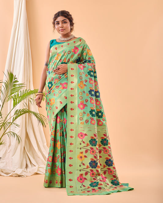 Pista Color Pure Paithani Silk Saree with Jaal Design