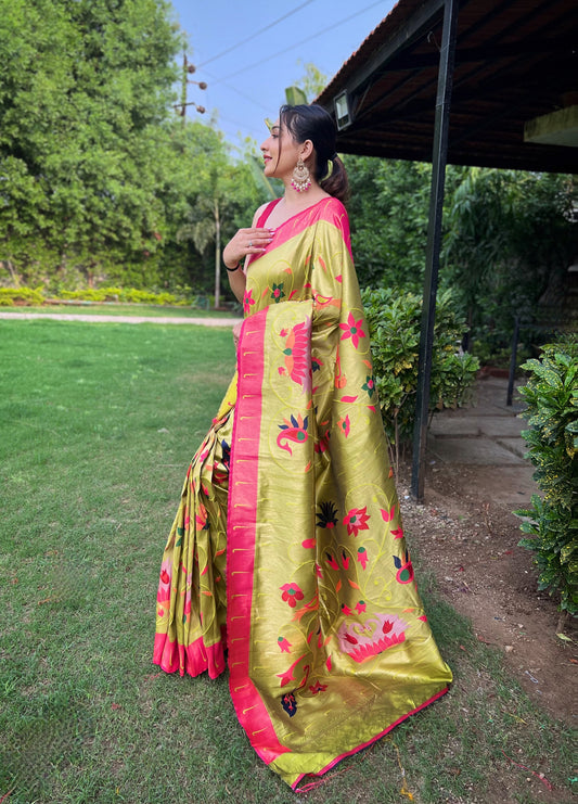 Pista Color Pure Paithani Saree with Unstitched Blouse