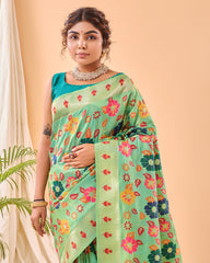 Pista Color Pure Paithani Silk Saree with Jaal Design and Meenakari Work, Paithani Border, and Rich Pallu – Includes Unstitched Blouse Piece