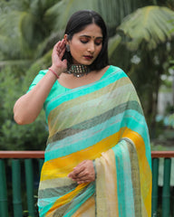 Pista Chiffon Silk With Gold Foil Print Light Weight Saree For Weddings