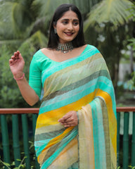 Pista Chiffon Silk With Gold Foil Print Light Weight Saree For Weddings