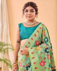 Pista Color Pure Paithani Silk Saree with Jaal Design and Meenakari Work, Paithani Border, and Rich Pallu – Includes Unstitched Blouse Piece