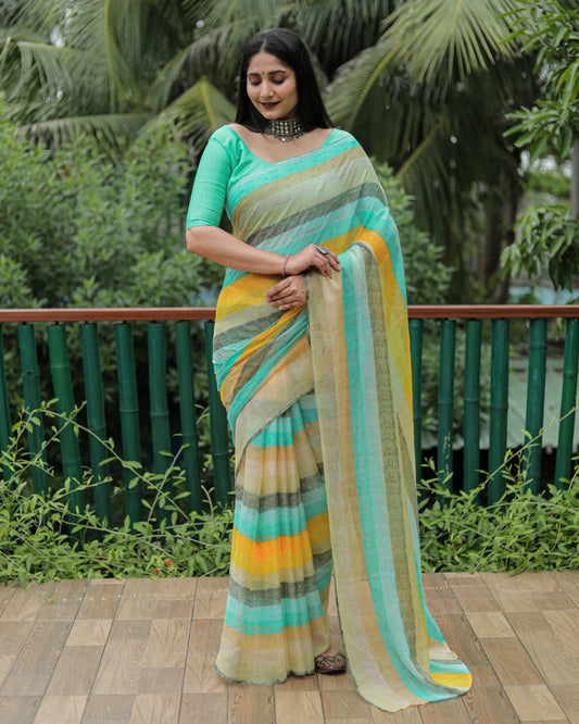 Pista Chiffon Silk With Gold Foil Print Light Weight Saree For Weddings