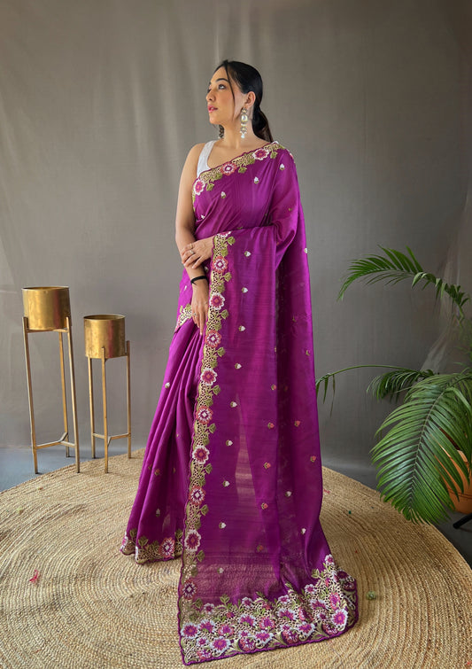 Purple Color Pure Tussar Silk Saree with Embroidery Work