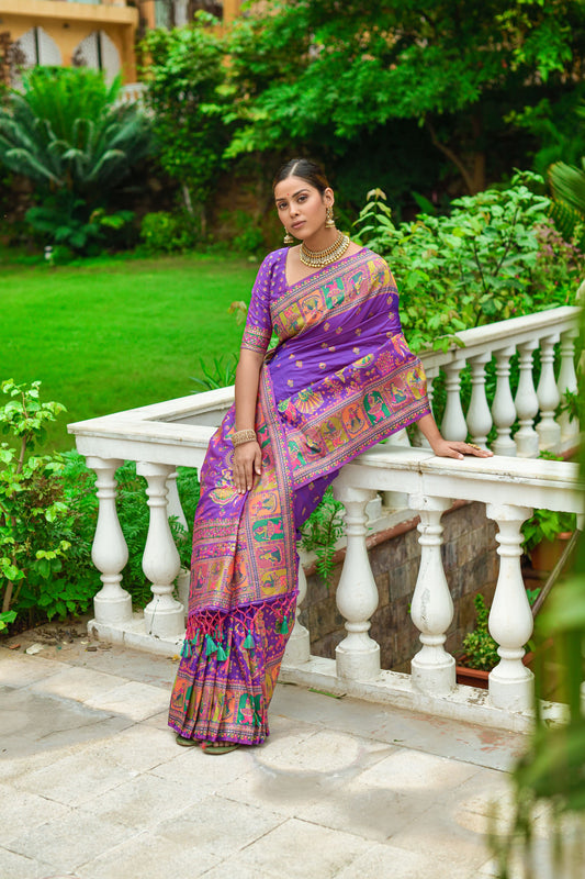 Purple Color Luxurious Kashmiri Pashmina Silk Saree with Vibrant Meena Weaves, Exquisite Pallu & Fancy Tassels