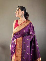 Purple Color Paithani Silk Saree with Rich Contrast Weaving Pallu, Border & Beautiful Buttis | Conceptual Brocade Unstitched Blouse Piece Included.