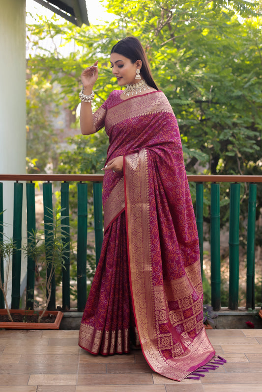 Elegant Purple Handloom Silk Bandhej Patola Sarees with Kanchi Borders & Unstitched Blouse.