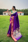 Purple Paithani Weaving Saree with Ganga Jamuna Border: Elegant Rich Pallu, All-Over Buttis, and New Concept Design.