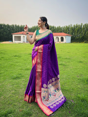 Purple Paithani Weaving Saree with Ganga Jamuna Border: Elegant Rich Pallu, All-Over Buttis, and New Concept Design.