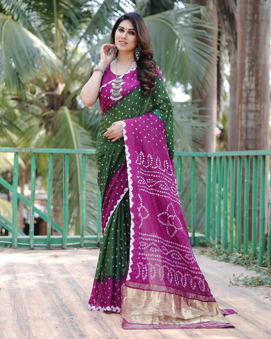 Premium Purple Pure Bandhej Silk Saree with Zari Weaving, Rich Tissue Pallu & Unstitched Blouse Piece.