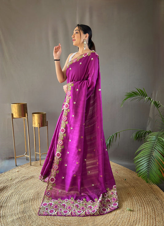 Purple Color Pure Tussar Silk Saree with Embroidery Work