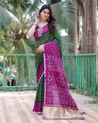 Premium Purple Pure Bandhej Silk Saree with Zari Weaving, Rich Tissue Pallu & Unstitched Blouse Piece.