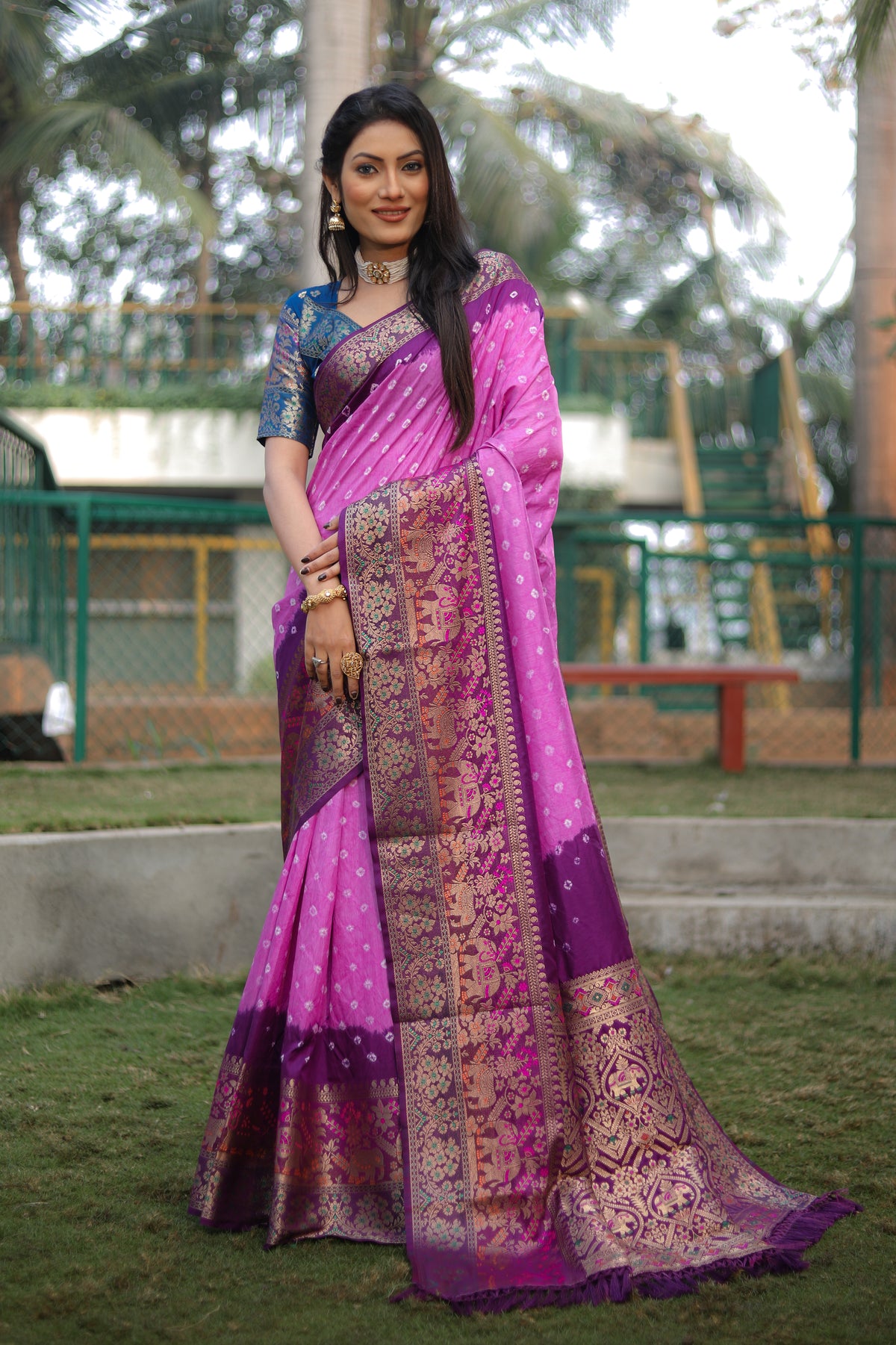 Purple Handmade Bandhej Kanjivaram Silk Saree For Women