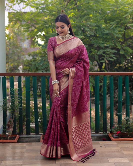 Purple Handloom Silk Bandhej Patola Sarees with Kanchi Borders