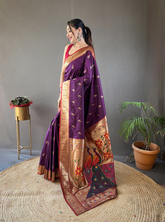 Purple Color Paithani Silk Saree with Contrast Weaving Pallu